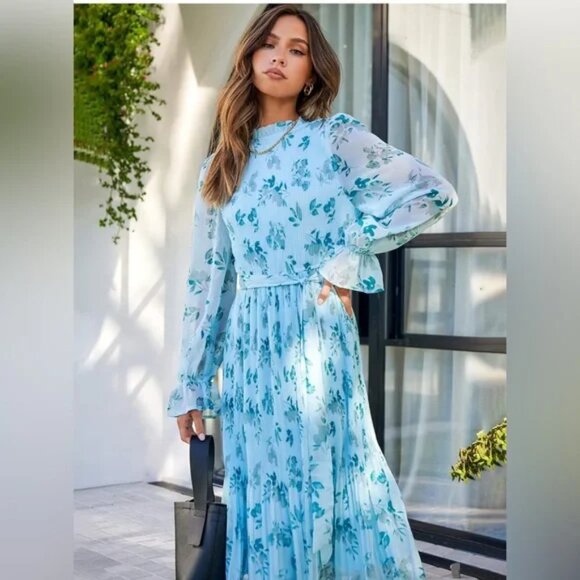 ANRABESS Women's Floral Chiffon Midi Dress with Puff Long Sleeves and Mock Neck - Picture 13 of 15